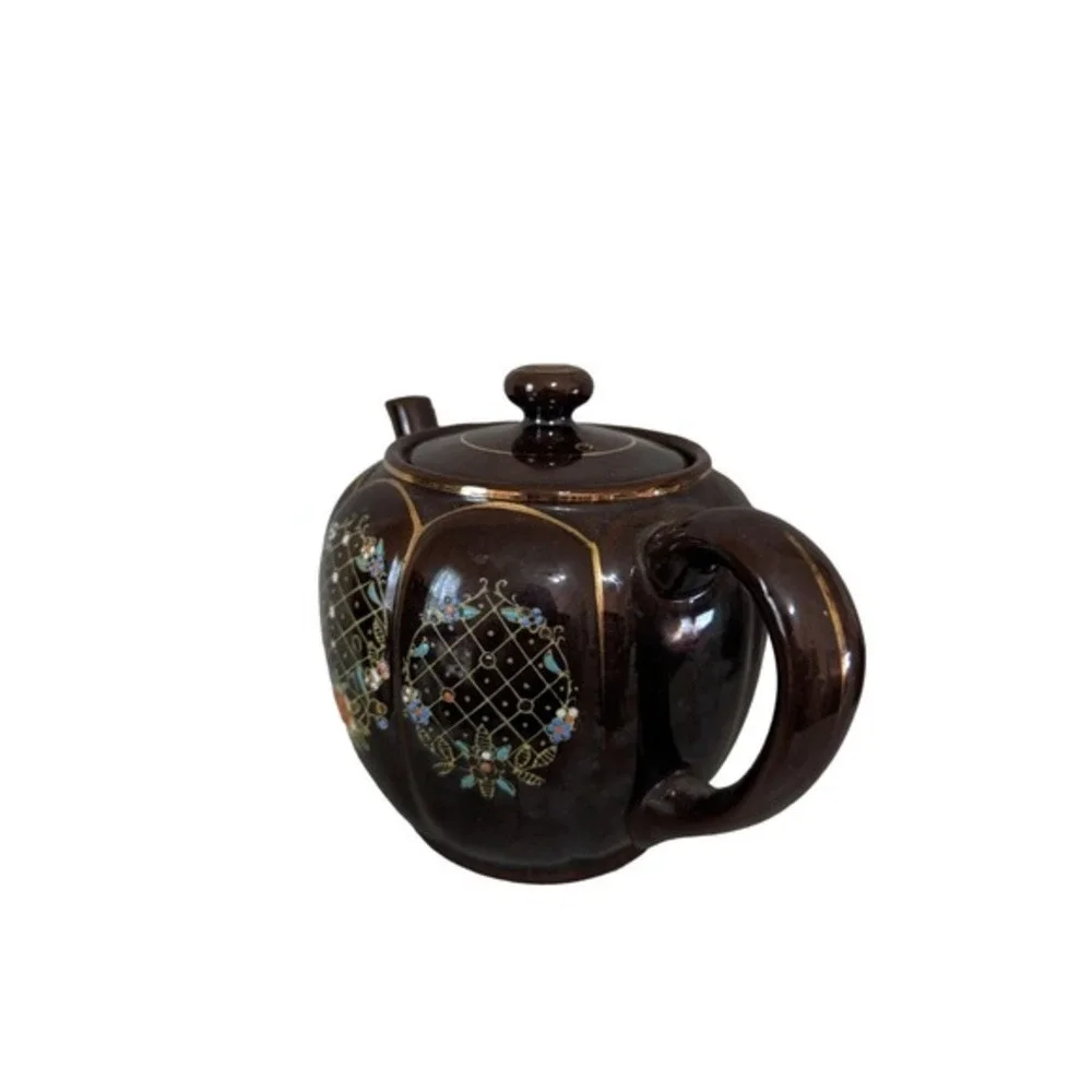 Vintage Made in Japan Brown Ceramic Floral Teapot and 6 Cup Tea Set Gold‎ Trim
